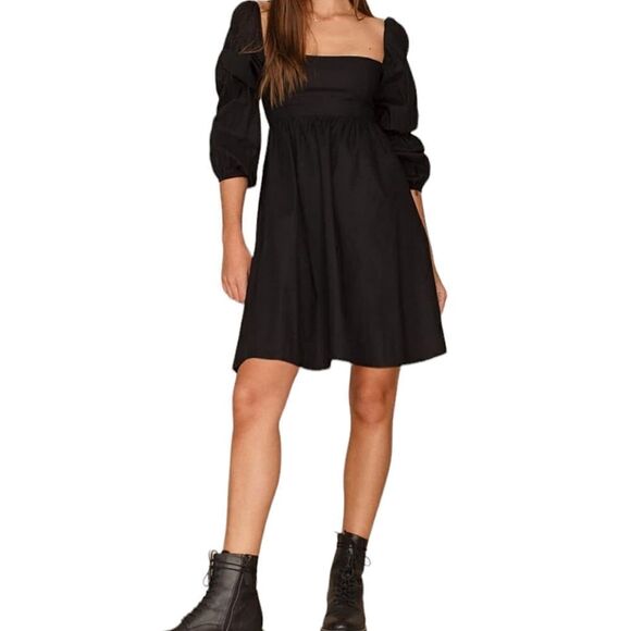 EXLURA Womens Square Neck Dress Long Puff Sleeve A-Line Casual Short Mini Dress - Picture 1 of 14